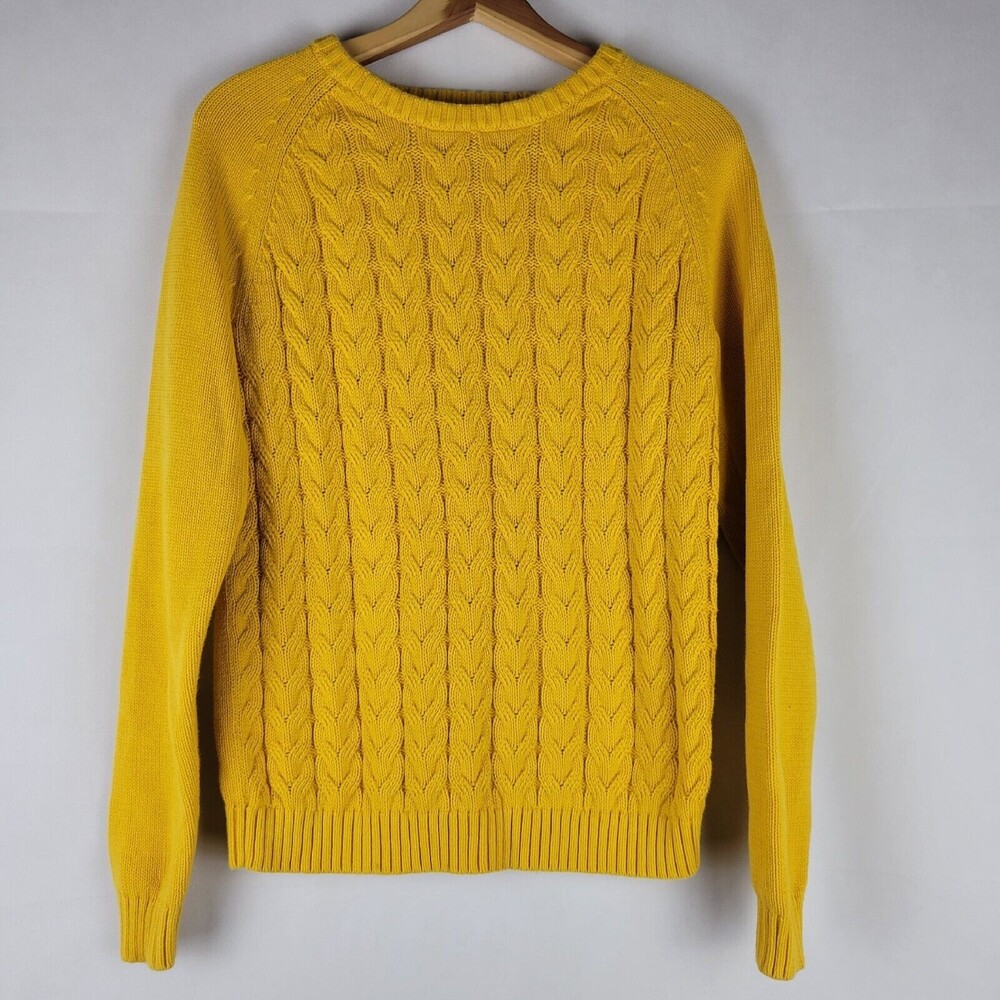 Lands End Drifter Sweater Womens Medium Cable Knit Fisherman Gold Bright Yellow - Picture 2 of 11